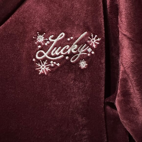 Lucky Brand size XL winter themed burgundy velour long sleeve v neck cropped top - Picture 2 of 6
